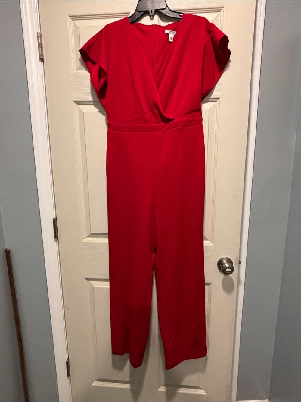 London Style Red V-Neck Jumpsuit with Cap Sleeves